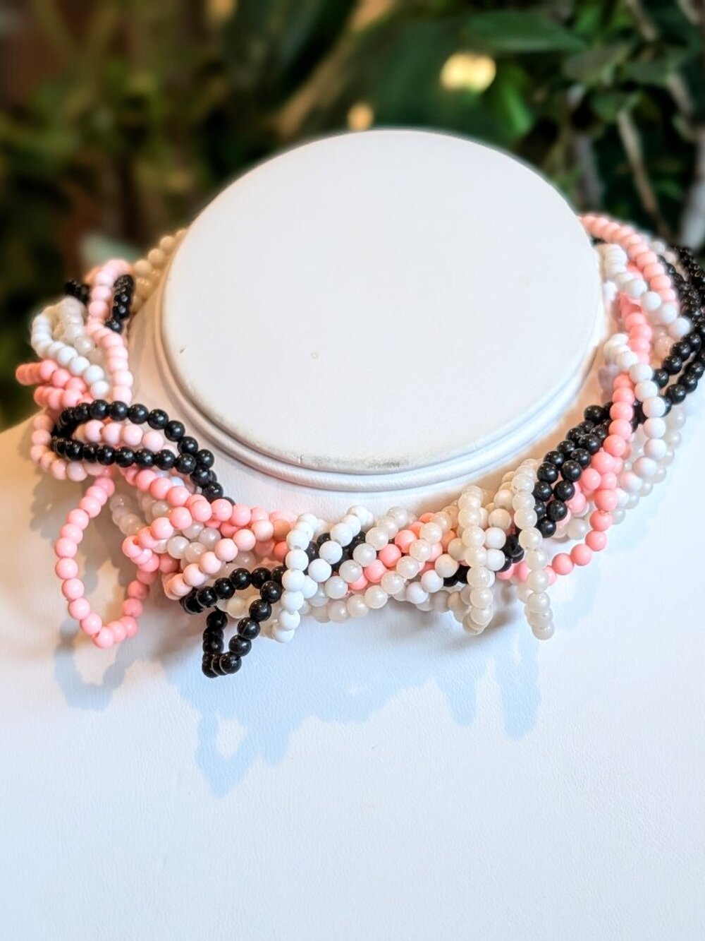 1950's - 1960's DIY Multi-Strand Pink, Black & White Beaded Choker Necklace